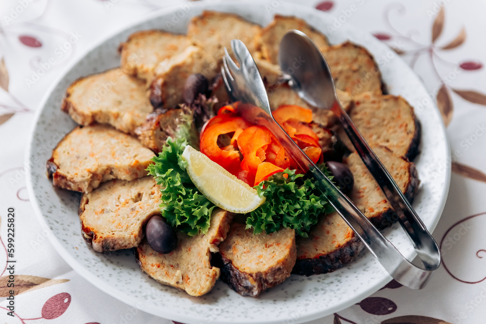 Served table food buffet in restaurant for wedding or birthday party dinner dishes. Assorted meats, chives with mould and herbs
Served table food buffet in restaurant for wedding or birthday party dinner dishes. Assorted meats, chives with mould and herbs
