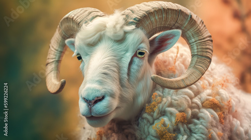 Cute ram with horns in warm knitted sweater. Sheep in clothes on dark background. Generative AI. High quality illustration © SERGEI