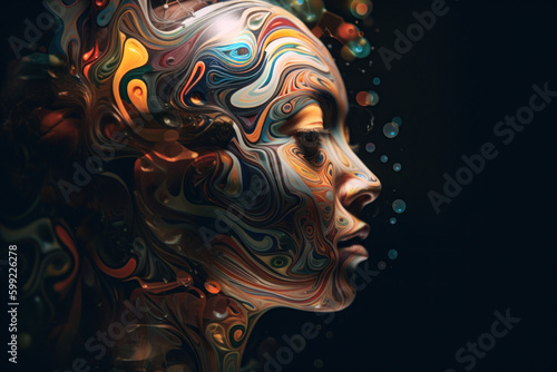 Profile of a female face made up of swirling colourful liquid energy. Generative Ai.
