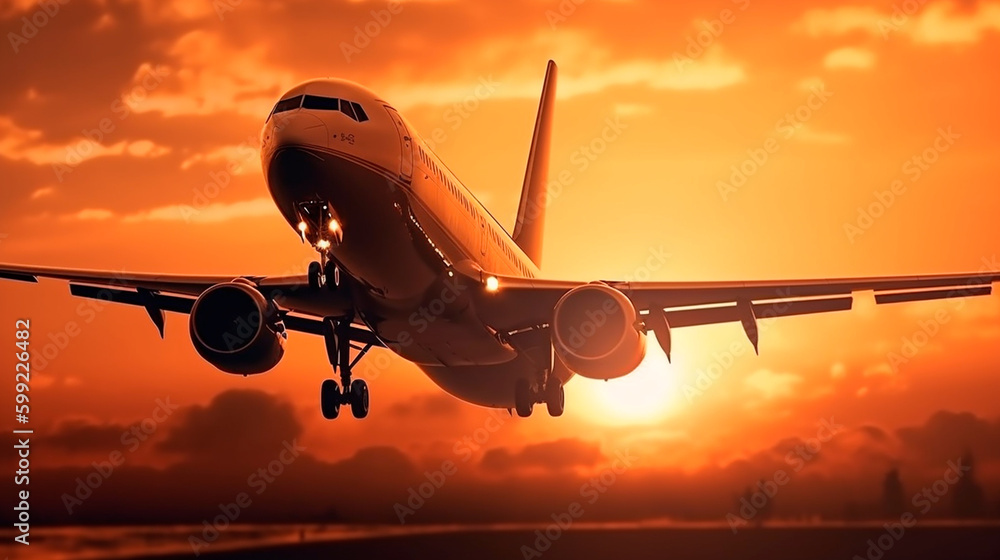 Fototapeta premium commercial jet airliner flying over dramatic clouds in the setting sun, travel concept, luxury lifestyle, generative ai