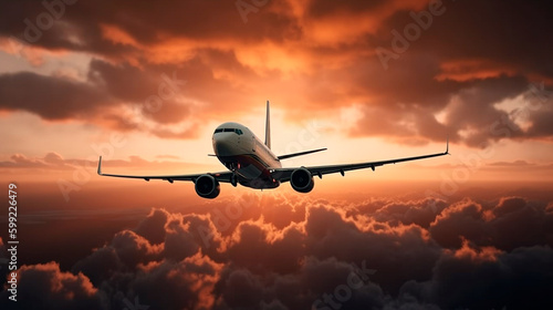 commercial jet airliner flying over dramatic clouds in the setting sun, travel concept, luxury lifestyle, generative ai