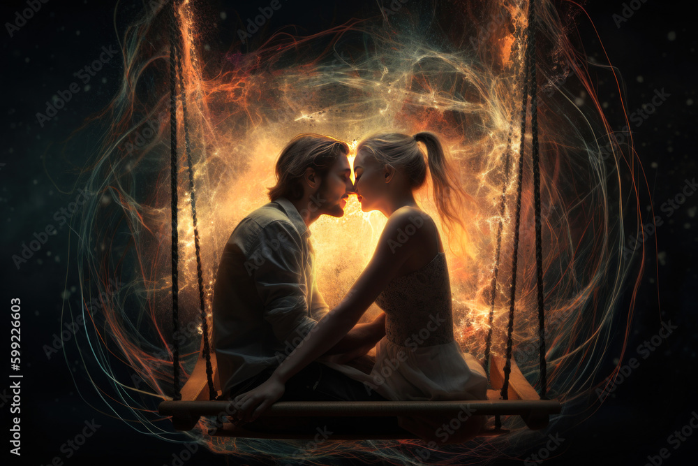 2 soulmates sitting on an ethereal swing surrounded by spiritual energy, waiting to be born again and excited to find each other yet again. Generative Ai.