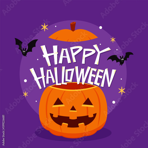 Happy halloween greeting card with cute pumpkin. Holidays cartoon character. Halloween pumpkin head vector.