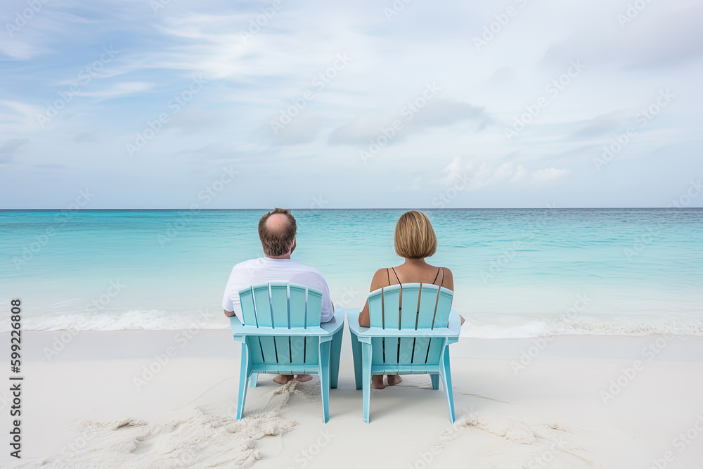 a couple sitting on a beach. sweet couple happy relax enjoy love and romantic moment