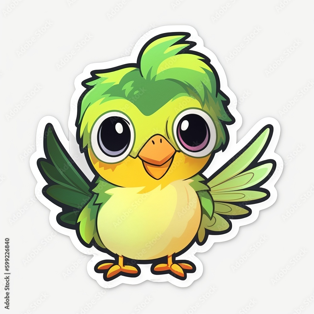 A cute chibi Birds sticker with a white background, exuding adorable and playful vibes. The chibi Birds are depicted in a small and super deformed style, cute bird sticker, Generative AI