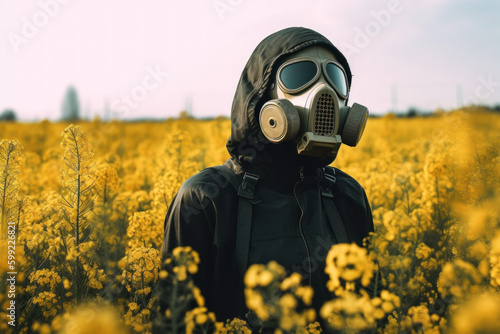 Person in a hazmat suit and gas mask standing in a filed of blooming yellow flowers. Concept of hay fever or pesticide usage. Generative Ai