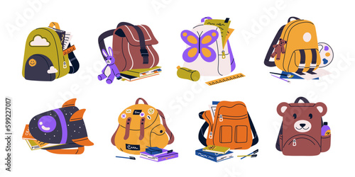 Kids backpacks, school bags set. Childs schoolbags, packed satchels with stationery, study supplies. Childish knapsacks with books, pens. Flat vector illustrations isolated on white background
