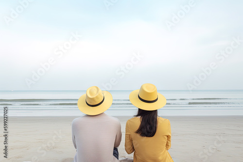 a couple sitting on a beach. sweet couple happy relax enjoy love and romantic moment © dewaai