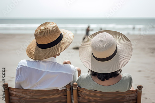 a couple sitting on a beach. sweet couple happy relax enjoy love and romantic moment