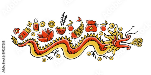 Chinese new year holiday symbol. Art dragon with gifts for your design