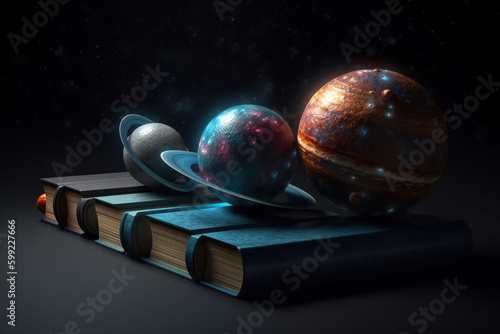Open magic book with planets and galaxies levitation on black background, Astrology, astronomy science, imagination, horoscope predictions, AI Generative.
