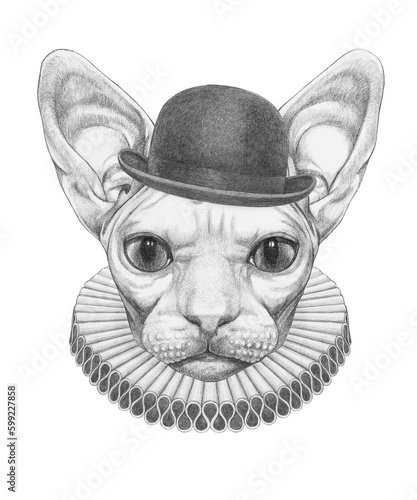 Portrat of Sphynx Cat with Elizabethan Collar and Bowler Hat. Hand-drawn illustration