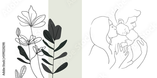 Family line art on floral background. Modern green shape line art. Happy family minimal design for wedding card template. Vector illustration photo