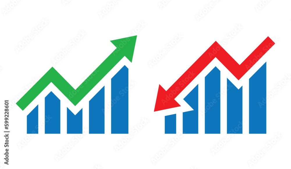 Graph going Up and Down with green and red arrows vector. Blue chart