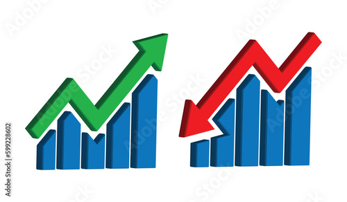 3d Graph going Up and Down sign with green and red arrows vector. 3D vector illustration concept of sales blue bar chart symbol icon with arrow moving down and sales bar chart with arrow moving up.