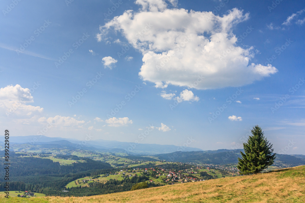 View from the top of Ochodzita in Koniaków towards the south-west of Jaworzynka and the peaks of the Silesian Beskids (Poland) on a sunny summer day.