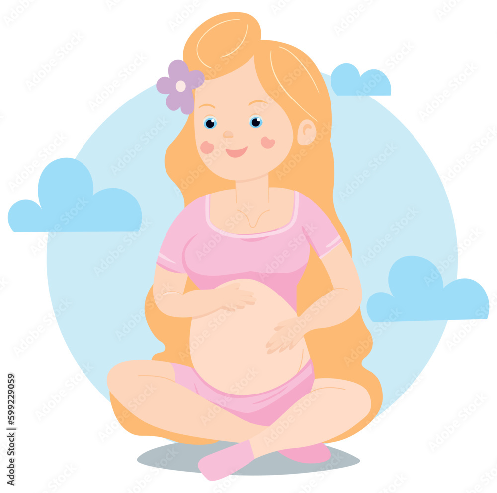 Vector illustration of a pregnant girl in a simple cartoon style. Blond woman sitting in the lotus position. In the background is a blue ball with clouds.