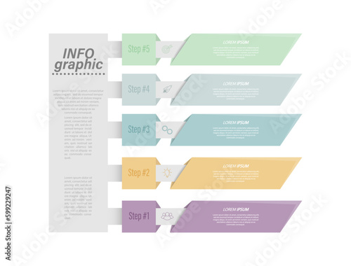 5 stages of development, improvement or training. Infographics with visual action icons for business, finance, project, plan or marketing