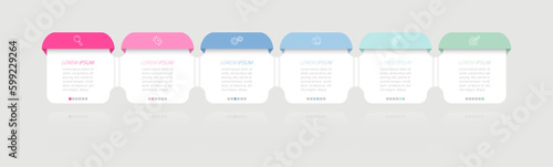 Business Infographics. 6 steps to achieve the result. Stages of development, workflow, marketing or plan. Business strategy with icons. Diagram of the report, statistics and training