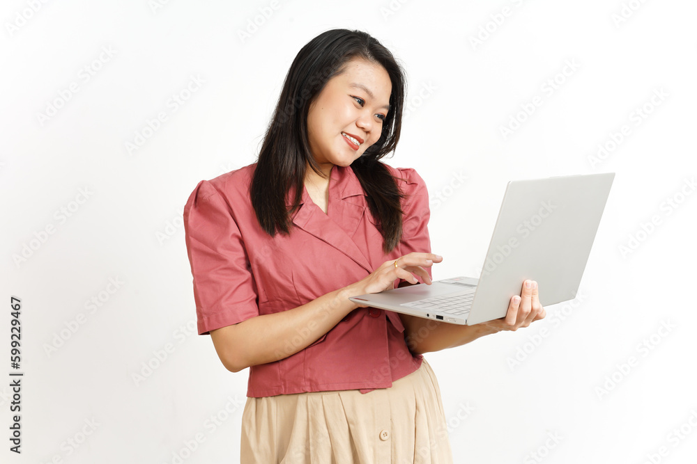 Standing and Working With Laptop Of Beautiful Asian Woman Isolated On White Background Standing and Working With Laptop Of Beautiful Asian Woman Isolated On White Background