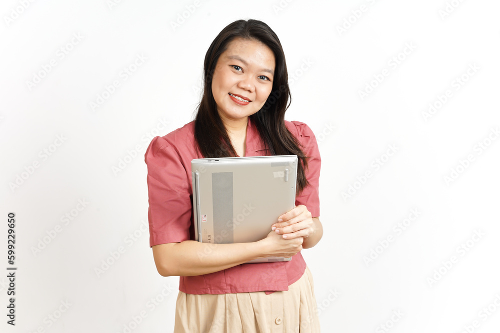 Looking at camera and Holding laptop Of Beautiful Asian Woman Isolated On White Background Looking at camera and Holding laptop Of Beautiful Asian Woman Isolated On White Background