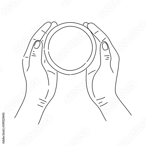 Line art two hands holding coffee mug. Vector hand drawn illustration.