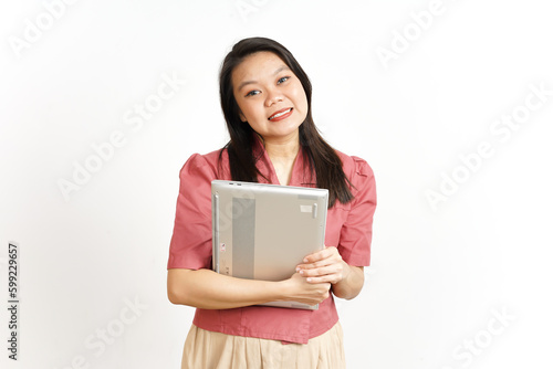 Looking at camera and Holding laptop Of Beautiful Asian Woman Isolated On White Background