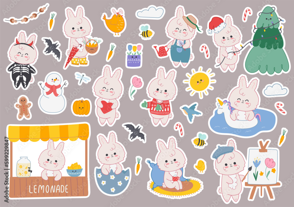 Obraz premium Vector stickers cute rabbit with different activities and seasons. Bunny with pool ring, bunny decorates the Christmas tree, Halloween, Easter bunny, etc. Cute design for posters, scrapbooking