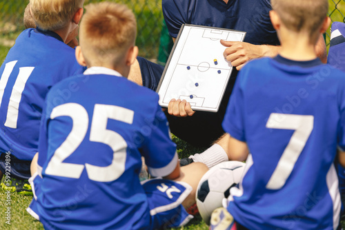 Coaching Kids in Youth Sports. Group of Young Boys Sitting Together With Coach in a Circle on the Football Field. Coach Explaining Match Strategy to School Sports Team Members