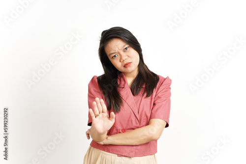 Rejection or Stop Hand Gesture Of Beautiful Asian Woman Isolated On White Background © Sino Images Studio
