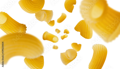 Excellent retouched Italian pasta flies and levitates in space. Isolated on white.