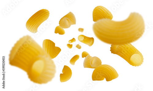 Excellent retouched Italian pasta flies and levitates in space. Isolated on white.