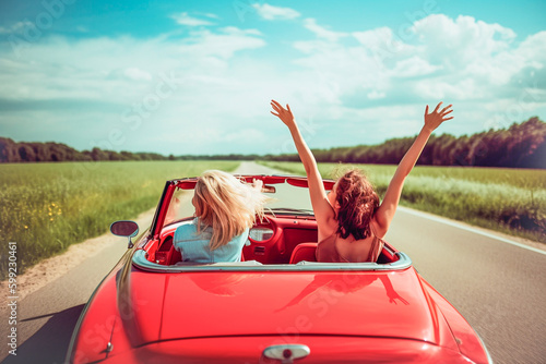 Fotografia, Obraz Two girls in a red car with their hands up driving through a valley in summer
