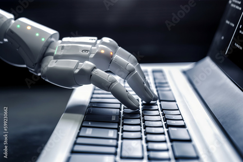 Close up of a robotic artificial intelligence hand typing on a computer. Generative ai
