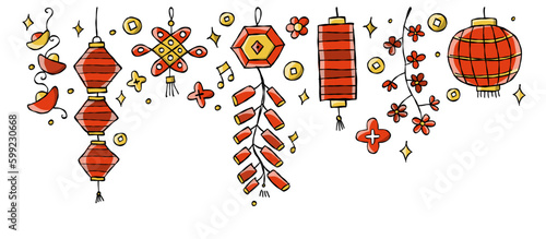 Chinese lanterns. Japanese asian new year red lamps festival. China town trad...