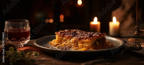 Lazagna. Traditional food. Candlelight. 