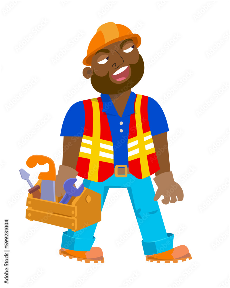 African-American building worker in helmet and safety vest with tool box. Cartoon illustration for design. Isolated picture on white background