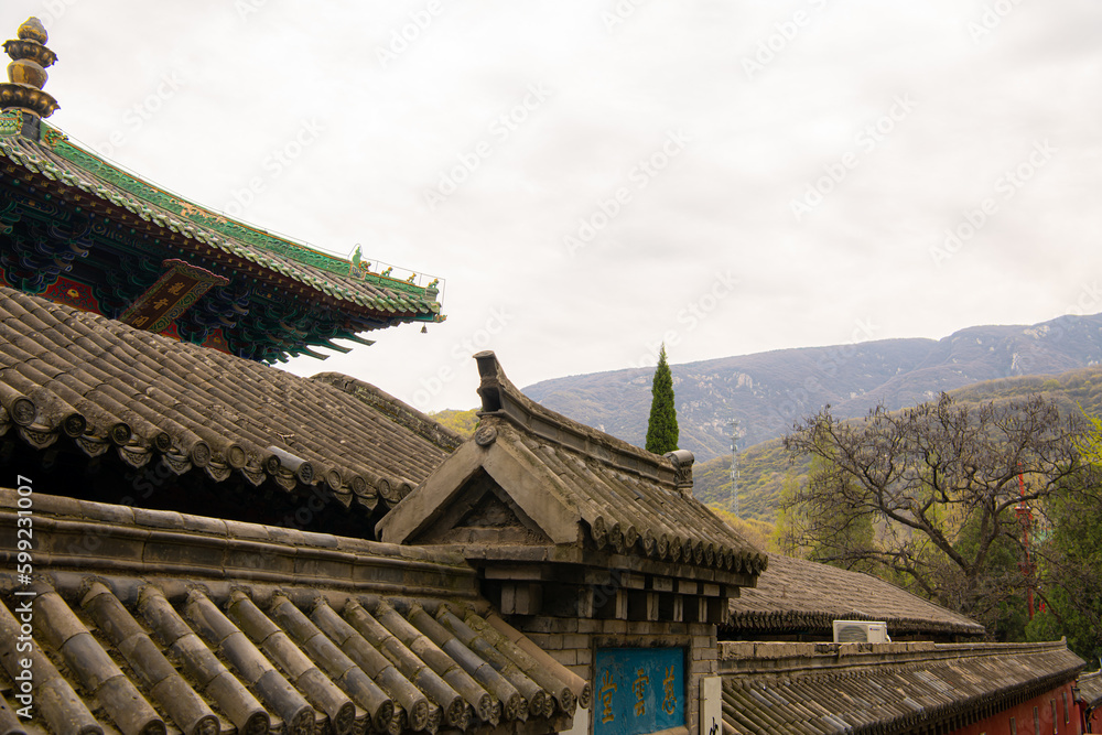 Roofs of the temple at the Authentic Shaolin Monastery (Shaolin Temple), a Zen Buddhist temple. UNESCO World Heritage site