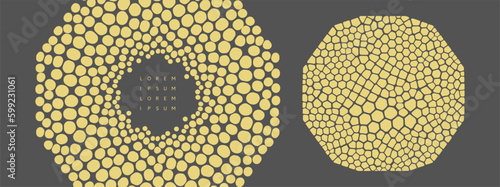 Elements made of uneven spots, blobs, specks of various size. Scientific illustration with cells or cell membranes. Black and white design. 3D vector for brochure, poster, card, flyer or banner.