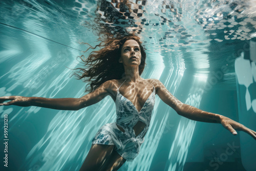 Woman in a dress underwater  in a blue pool meditating in freediving on summer vacation. underwater meditation and relaxation techniques. Illustration. Generative AI