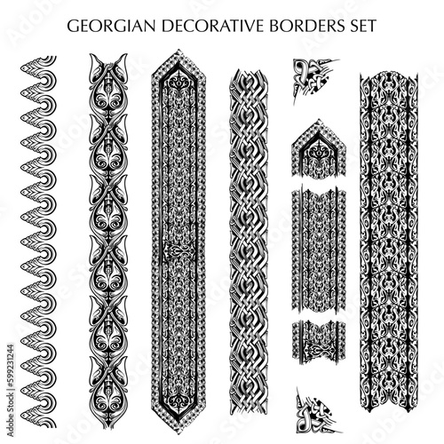 Georgian traditional decorative ornament construction kit. Church facades Architectural flourishes. Sketch style drawing isolated on white background. EPS 10 vector illustration.
