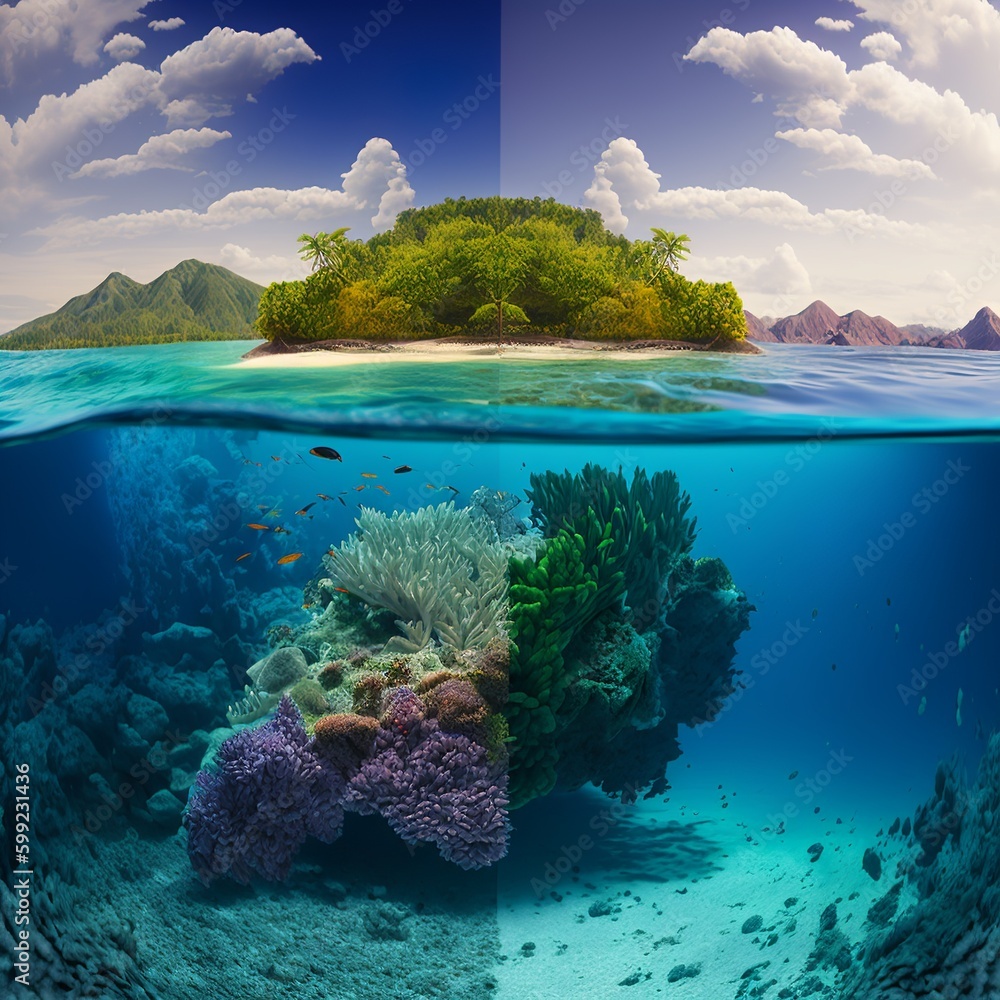 tropical Island And Coral Reef - Split View With Waterline underwater landscape with island corals double picture white clouds ocean sea Generative AI 