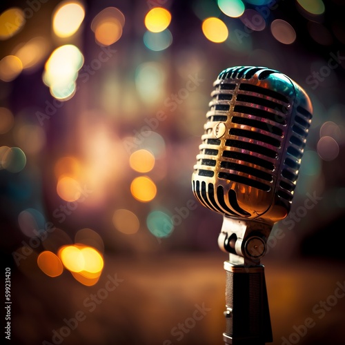 Retro Microphone On Stage With Bokeh Light song contest eurovision blurred confetti disco ball concert music golden close up party night in background sound star singer coreography Generative AI  photo