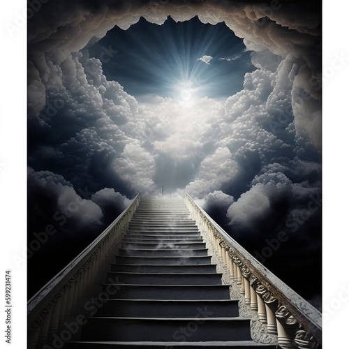 Stairway Leading Up To Heavenly Sky Toward The Light bible persons of hope they are resurrected to life dense white clouds in high at the end of the gate stone Jesus holy place God Generative AI 