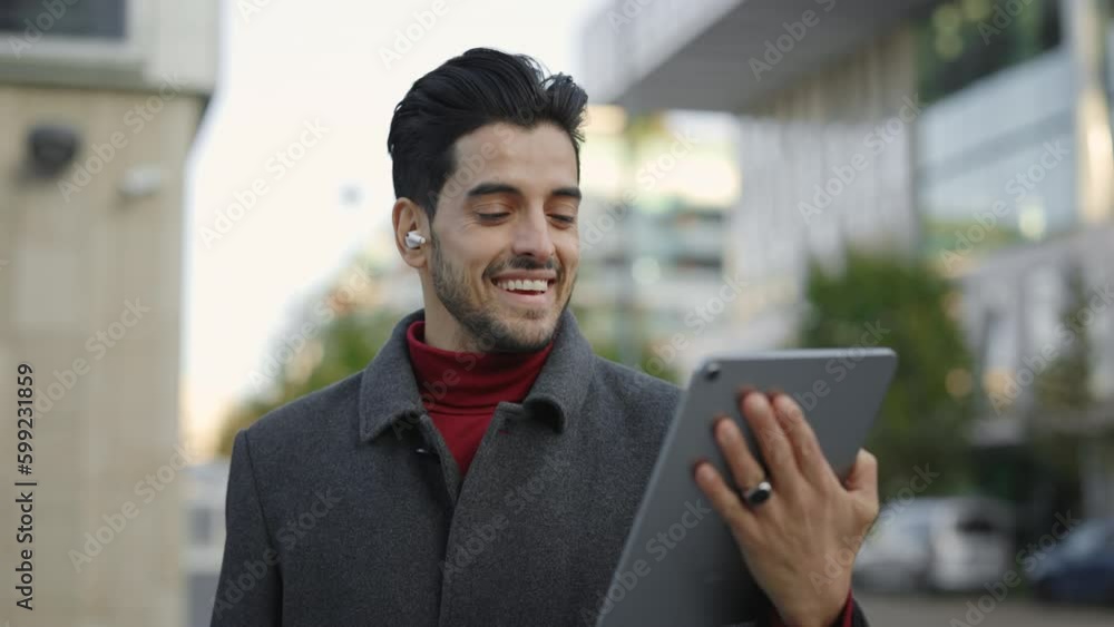 Smiling Young Businessman Talking with Partner Using While Standing Outside near Office Building. Happy Mature Man in Formal Suit Speaking, Chatting Online in Front of Office Building. Video Chat Smiling Young Businessman Talking with Partner Using While Standing Outside near Office Building. Happy Mature Man in Formal Suit Speaking, Chatting Online in Front of Office Building. Video Chat