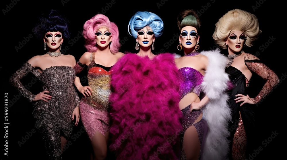 Drag show artists at entertainment performance, group of men