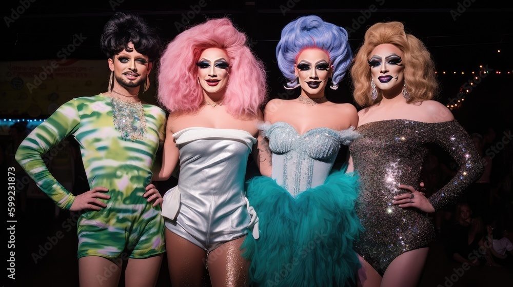 Drag show artists at entertainment performance, group of men