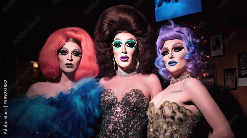 Drag show artists at nightclub entertainment performance, group of men ...