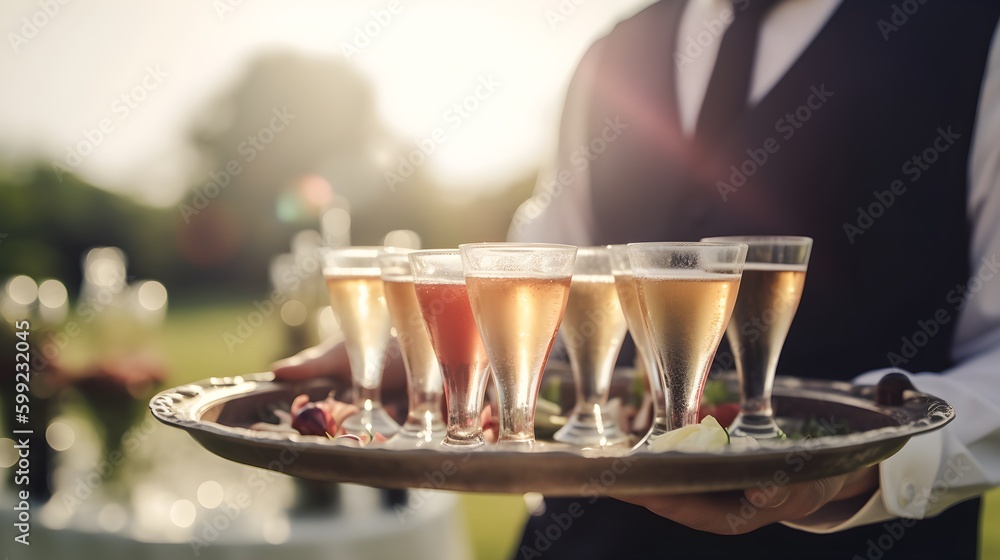 Waiter at a party, carrying a tray with champagne or wine glasses. Outdoor wedding. Generative AI.