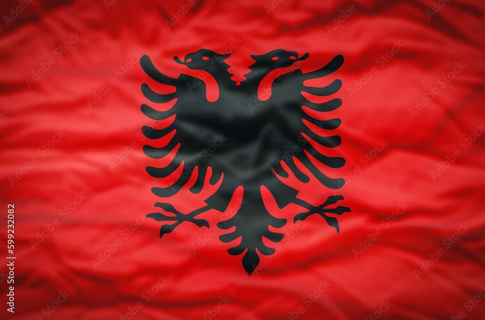 Albanian flag on a fabric wavy background. Wavy flag of Albania fills the frame. Albanian flag on a fabric wavy background. Wavy flag of Albania fills the frame.